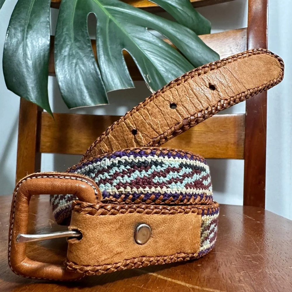 Woven Leather Belt Unisex 38 Brown Good‎ Boho Geometric Guatemala