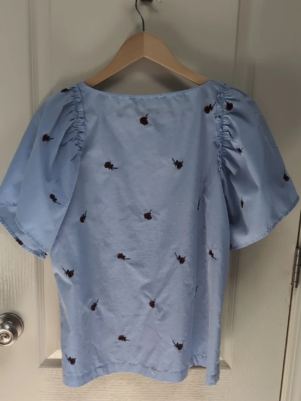 LOFT Sky Blue Puff-Sleeve Embroidered Top