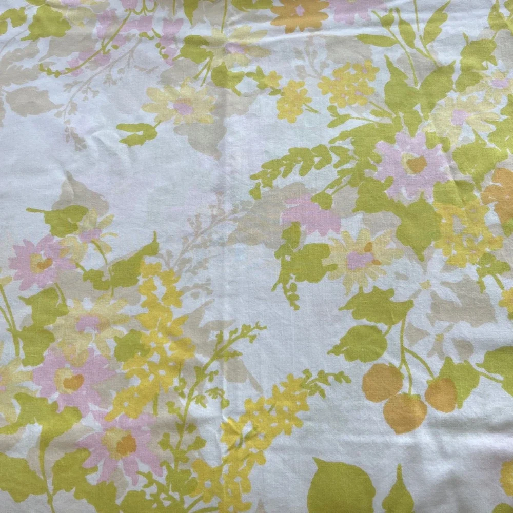 Vintage Miracale Queen Flat Sheet Retro 70s Floral Green Yellow Pink 90x110