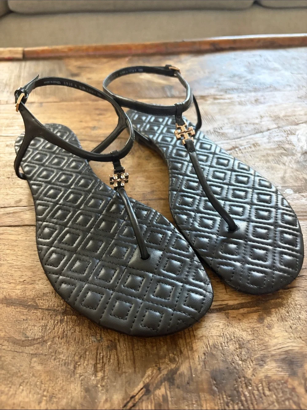 Tory Burch Marion Black Quilted T-Strap Sandals with Gold Logo