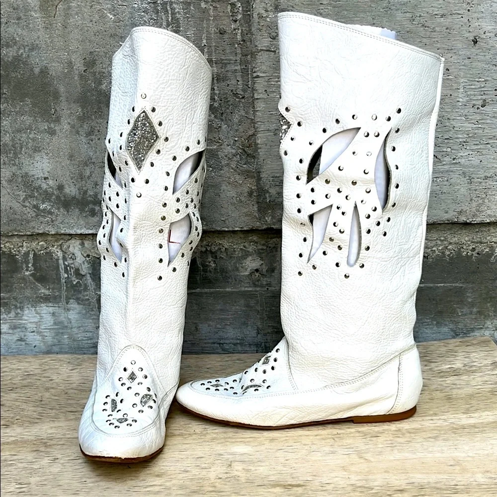 White Over-the-Knee Cutout & Stud Leather Boots — Women's