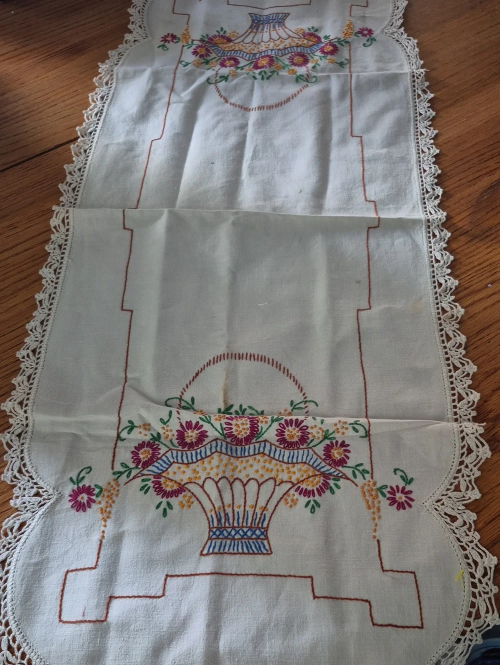 Embroidered Floral Basket Table Runner - White with Purple & Yellow
