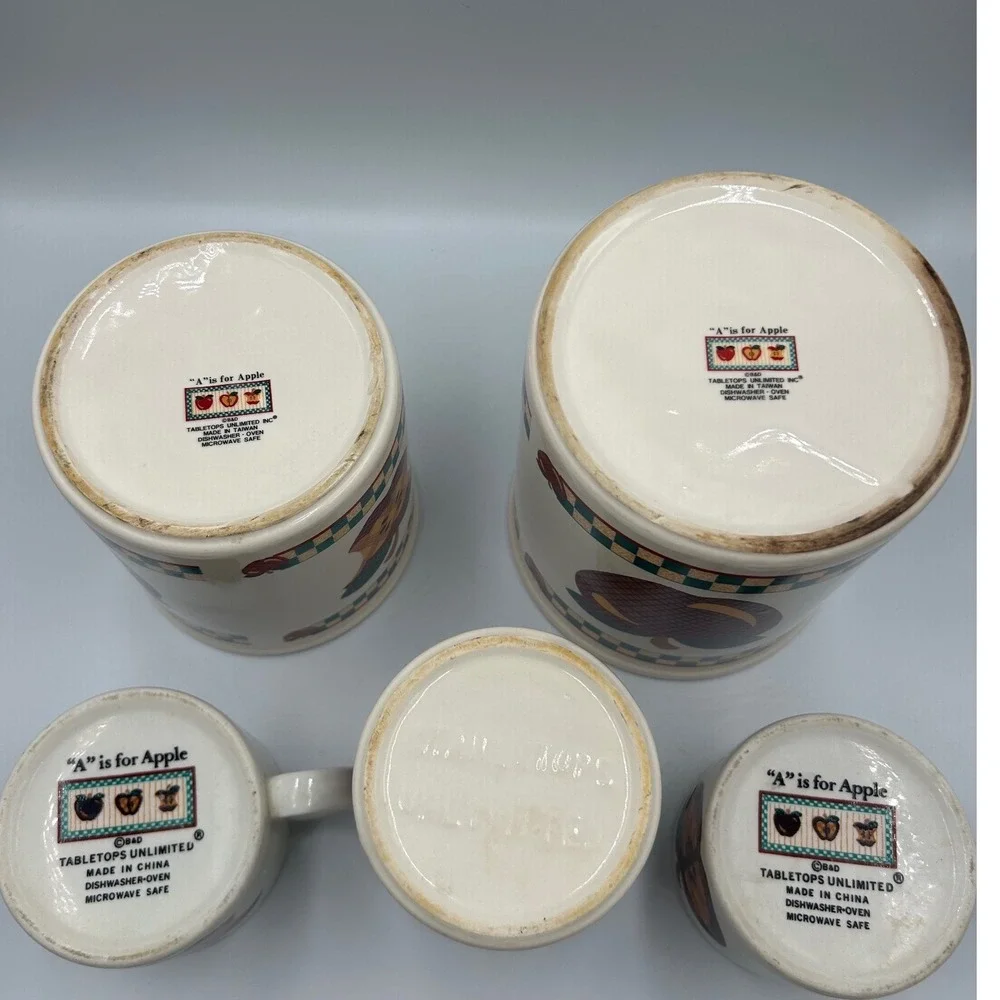 Vintage Tabletops Unlimited A is for Apple Canister Set and Mugs 5pc Kitchen