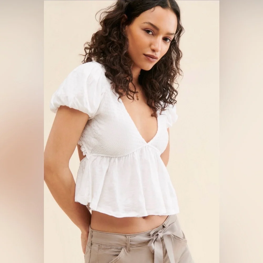 Free People White Charlotte Tie Back Crop Top XS Puff Smocked