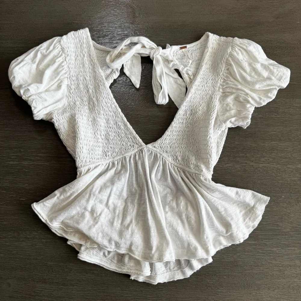 Free People White Charlotte Tie Back Crop Top XS Puff Smocked