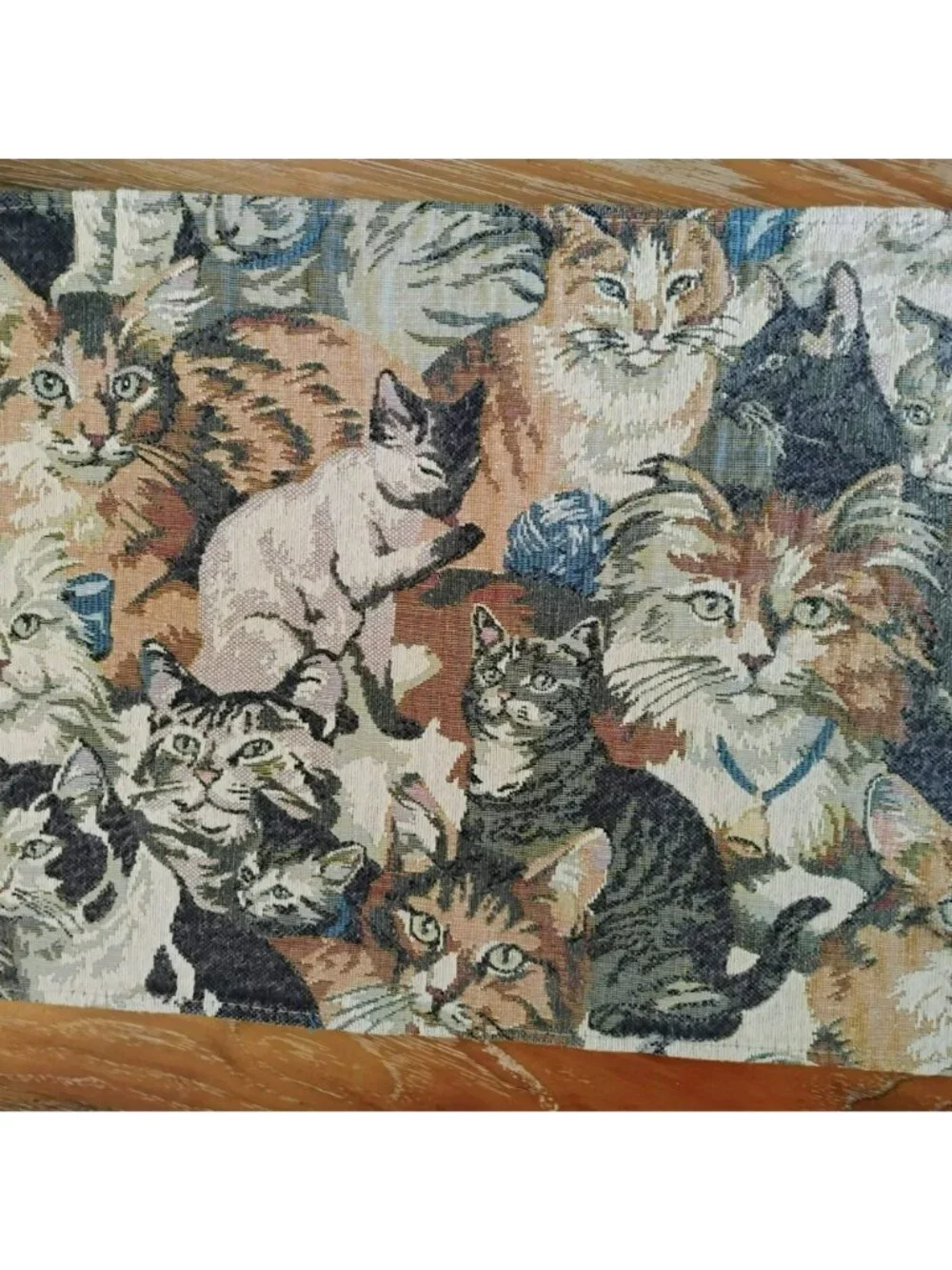 Vintage Cat Tapestry Table Runner With Fringe Edging, 64x12, Tan Cream Blue