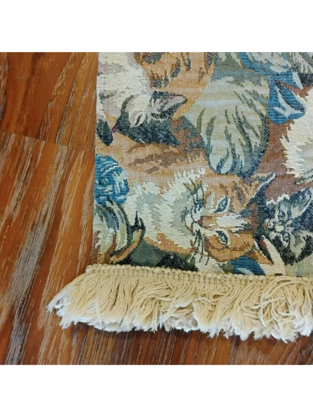 Vintage Cat Tapestry Table Runner With Fringe Edging, 64x12, Tan Cream Blue