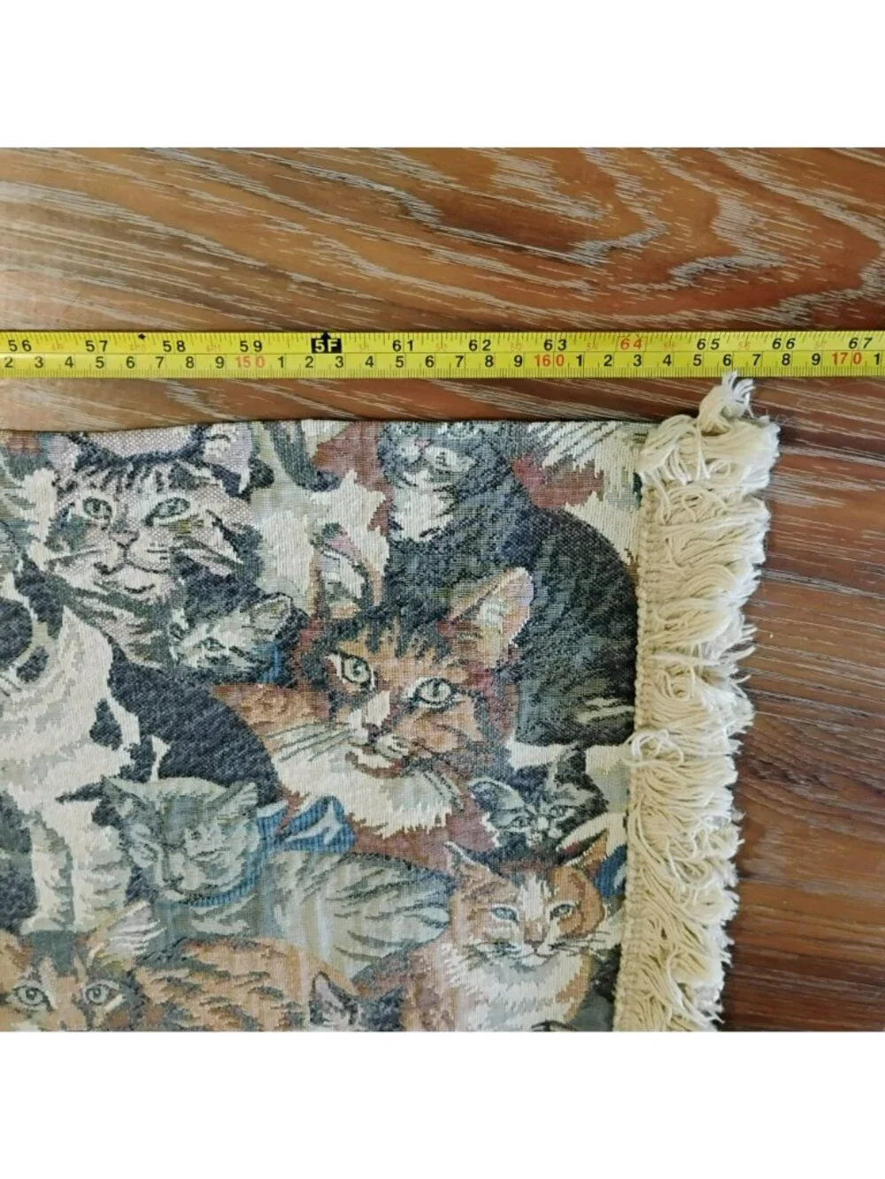 Vintage Cat Tapestry Table Runner With Fringe Edging, 64x12, Tan Cream Blue