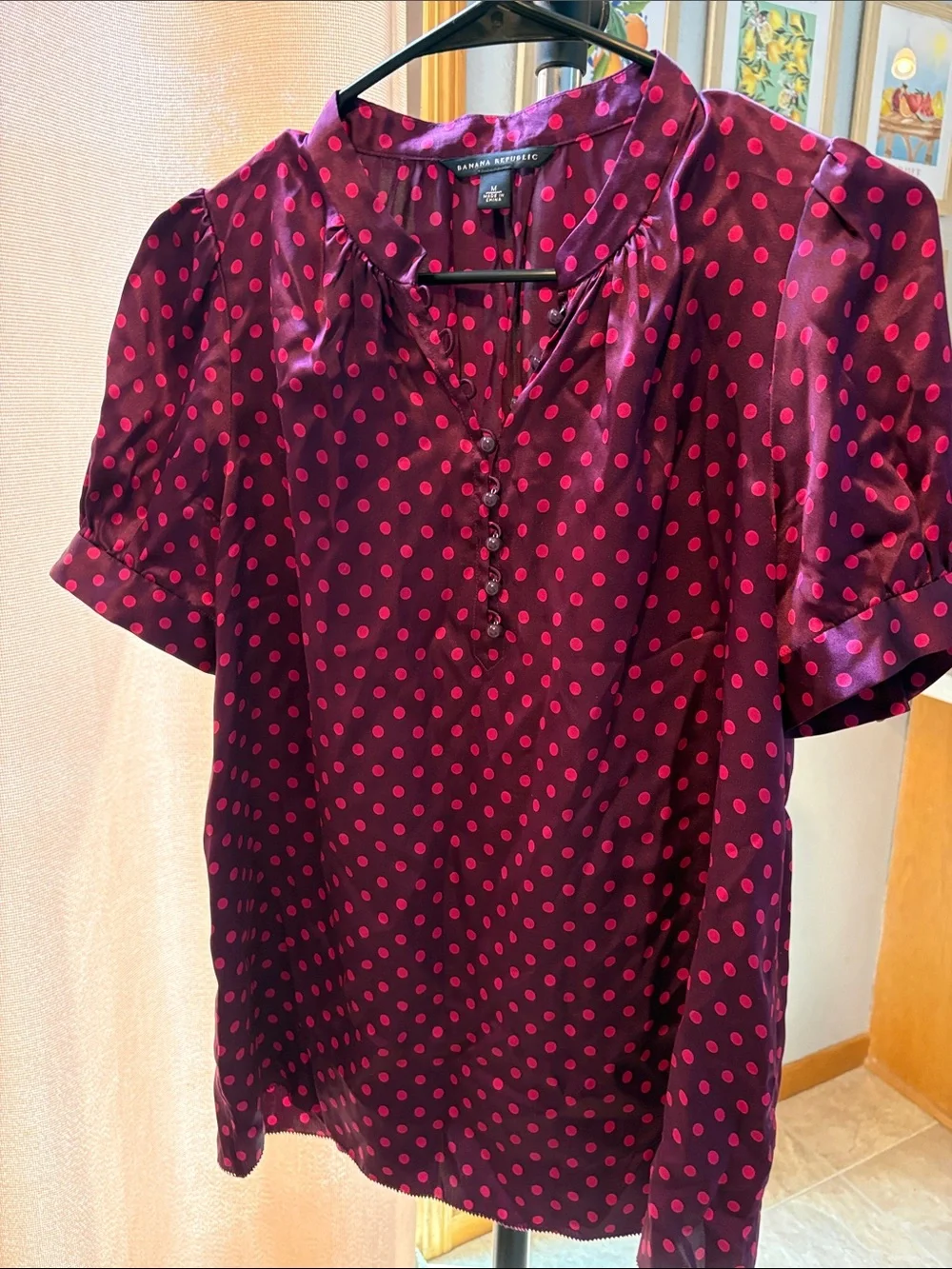 Banana Republic Burgundy Blouse with Pink Polka Dots