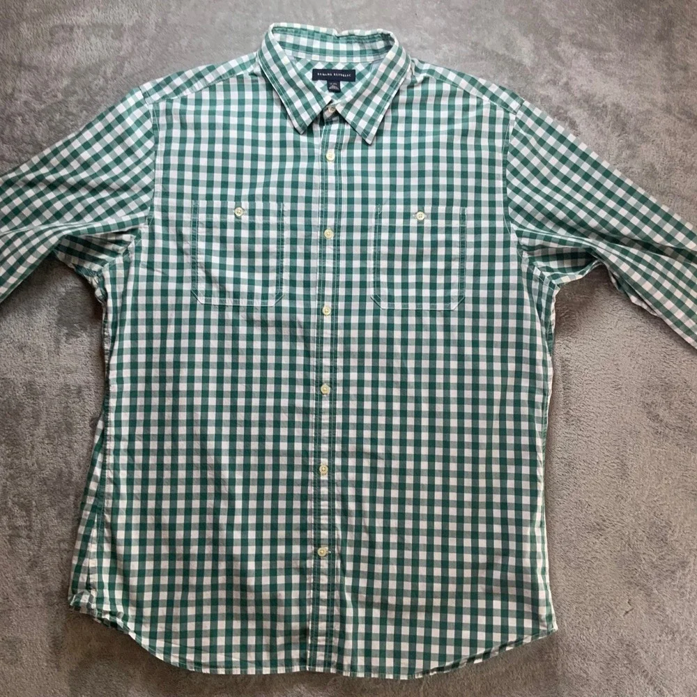 Banana Republic Mens XL Green Gingham Check Long Sleeve Cotton Button Down Shirt