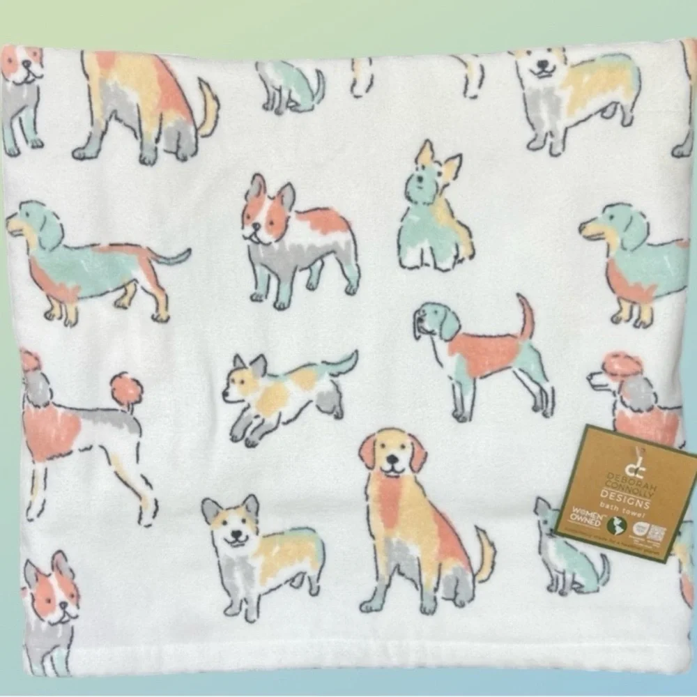 Deborah Connolly *Last One* ‘Colorful Mixed Breed Dogs’ bath towel set NWT Firm!