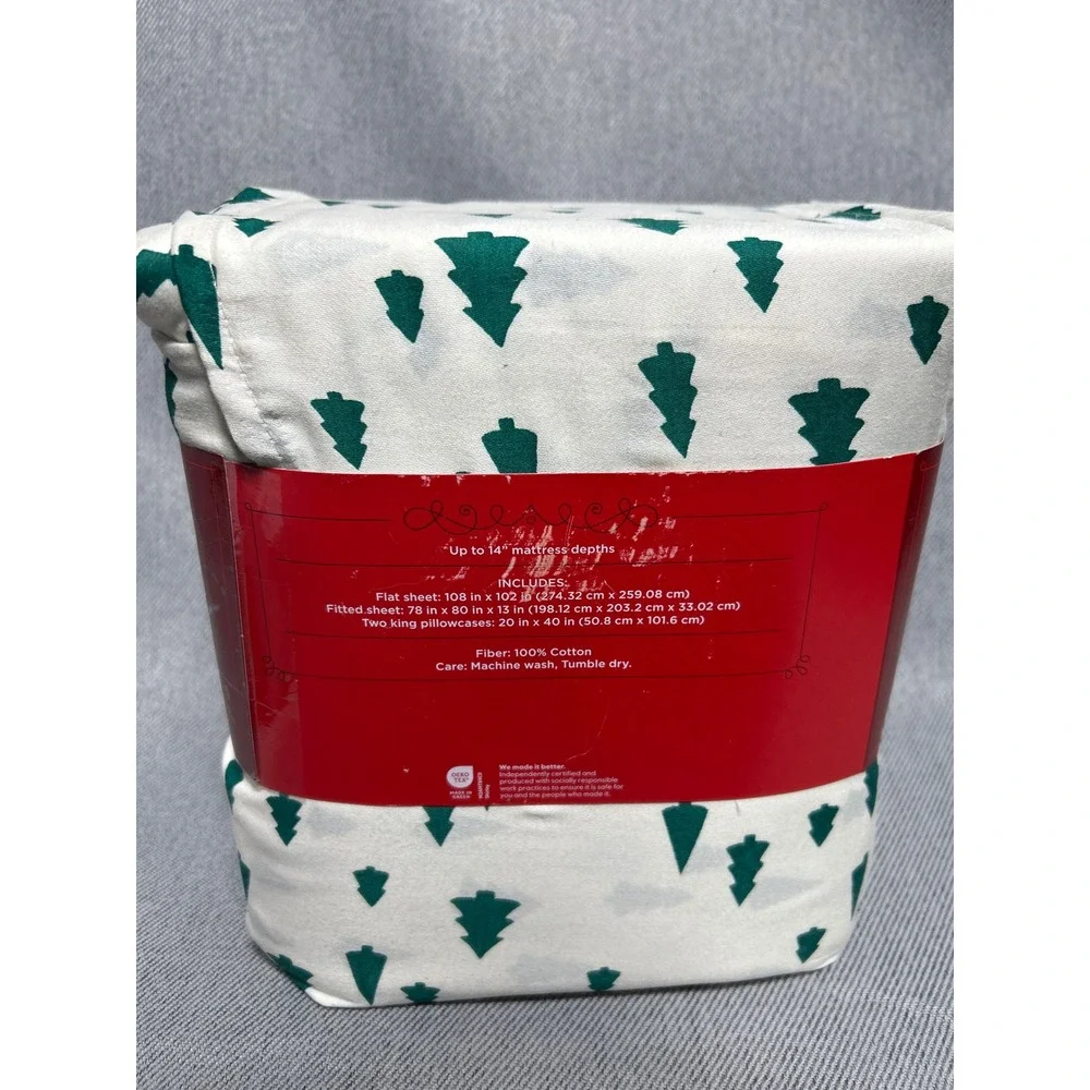 Wondershop King Cotton Sheet Set White Green Christmas Pine Tree 200TC Holiday