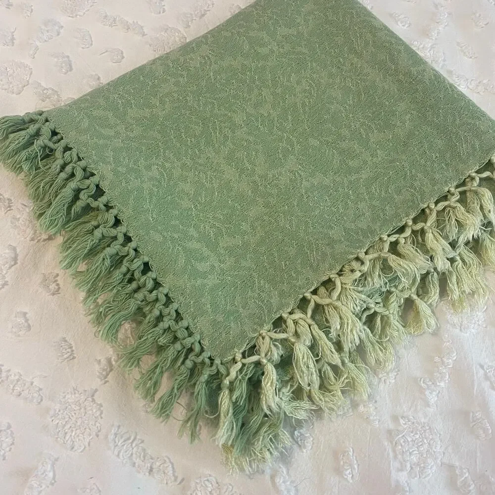 Vintage April Cornell Essentials Tablecloth Square Fringe Green 52x52