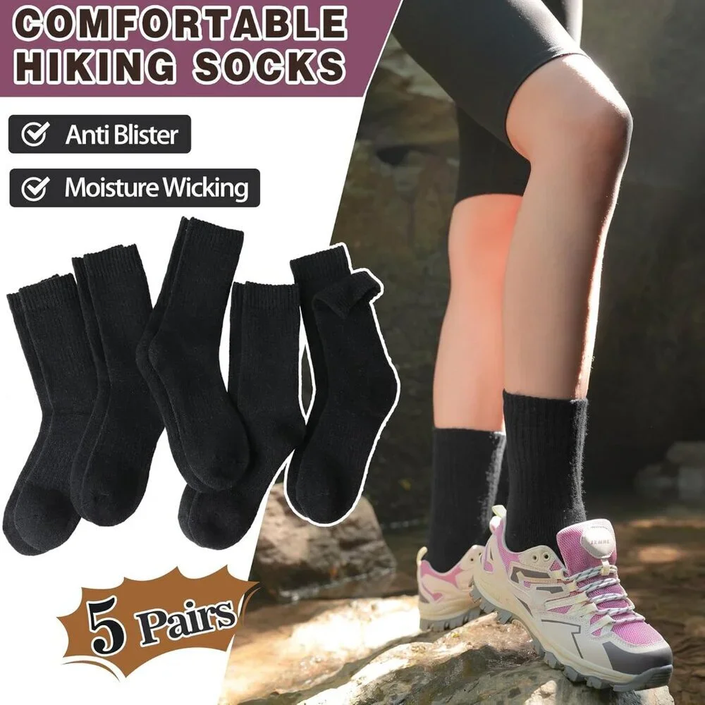 5 Pairs Women's Merino Wool Socks Hiking Warm Winter Thick Thermal Crew Black