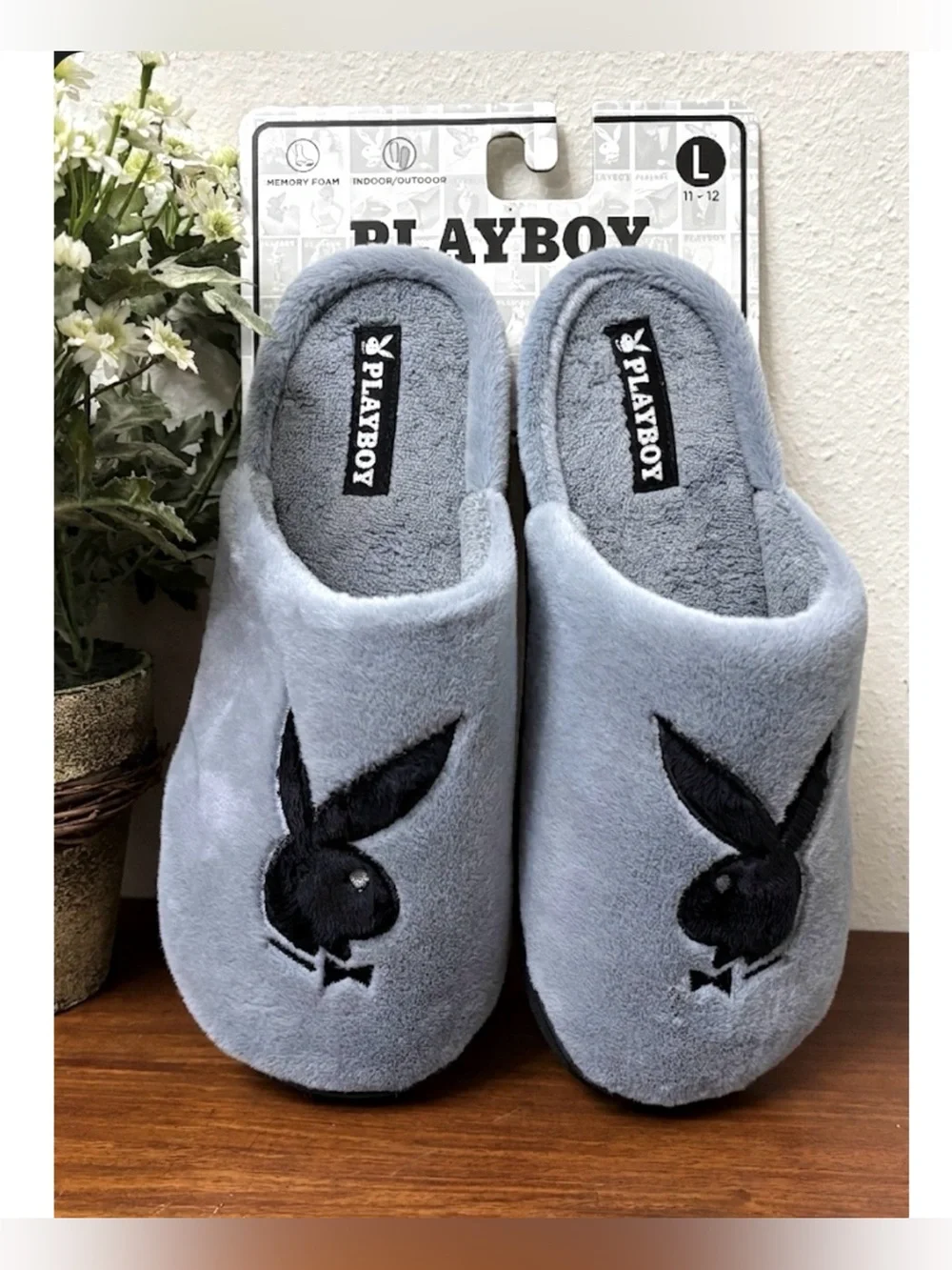 PLAYBOY MENS FUZZY SLIP ON SLIPPERS L 11/12 BUNNY GREY BLACK MEMORY FOAM DAPPER