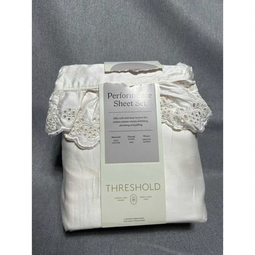 Threshold Performance Sheet Set Queen Cream Eyelet Lace Ruffle 400TC Cotton 4pc