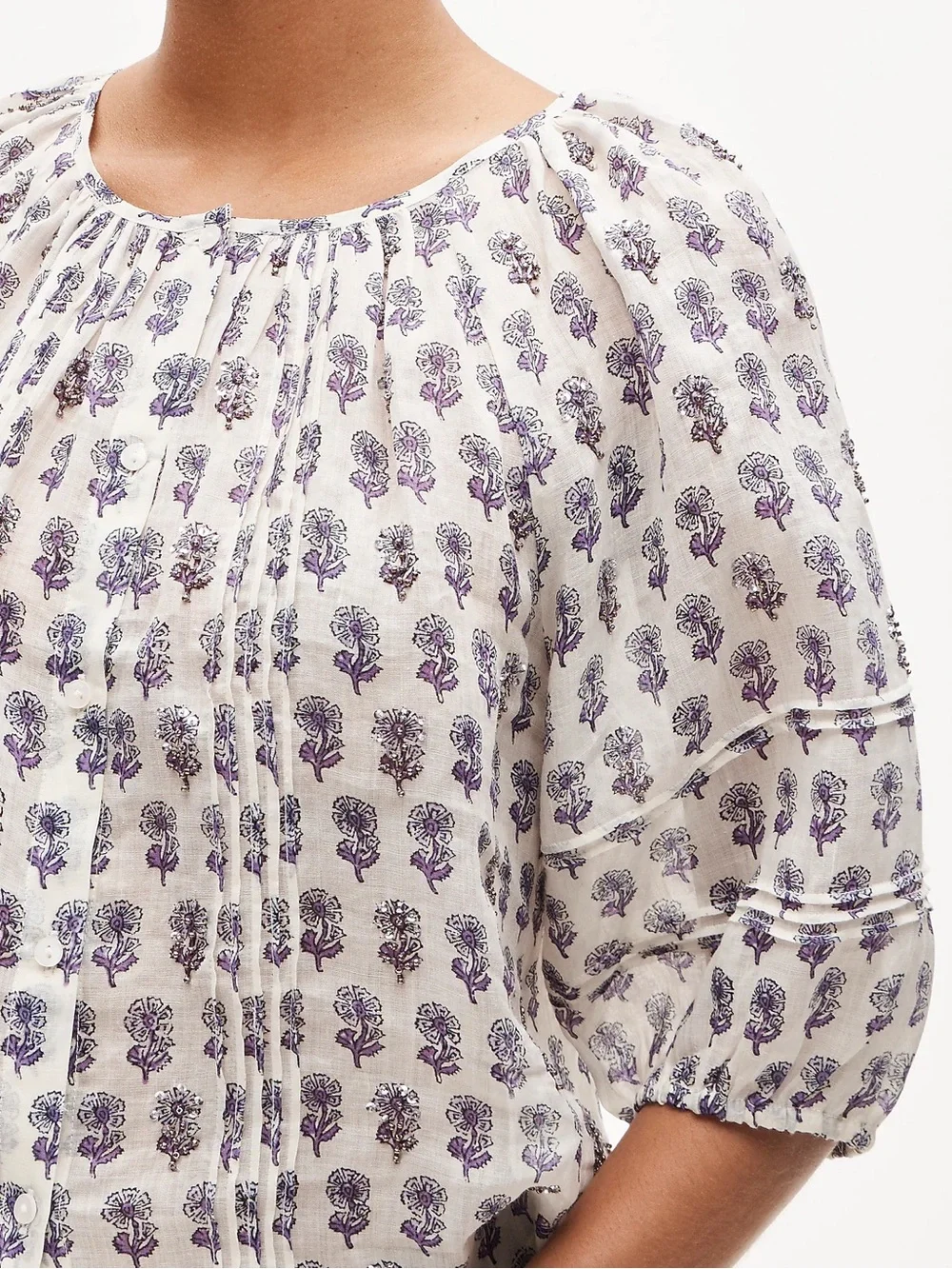 Puff-sleeve top in embellished lilac block-print ramie J Crew XS 2026