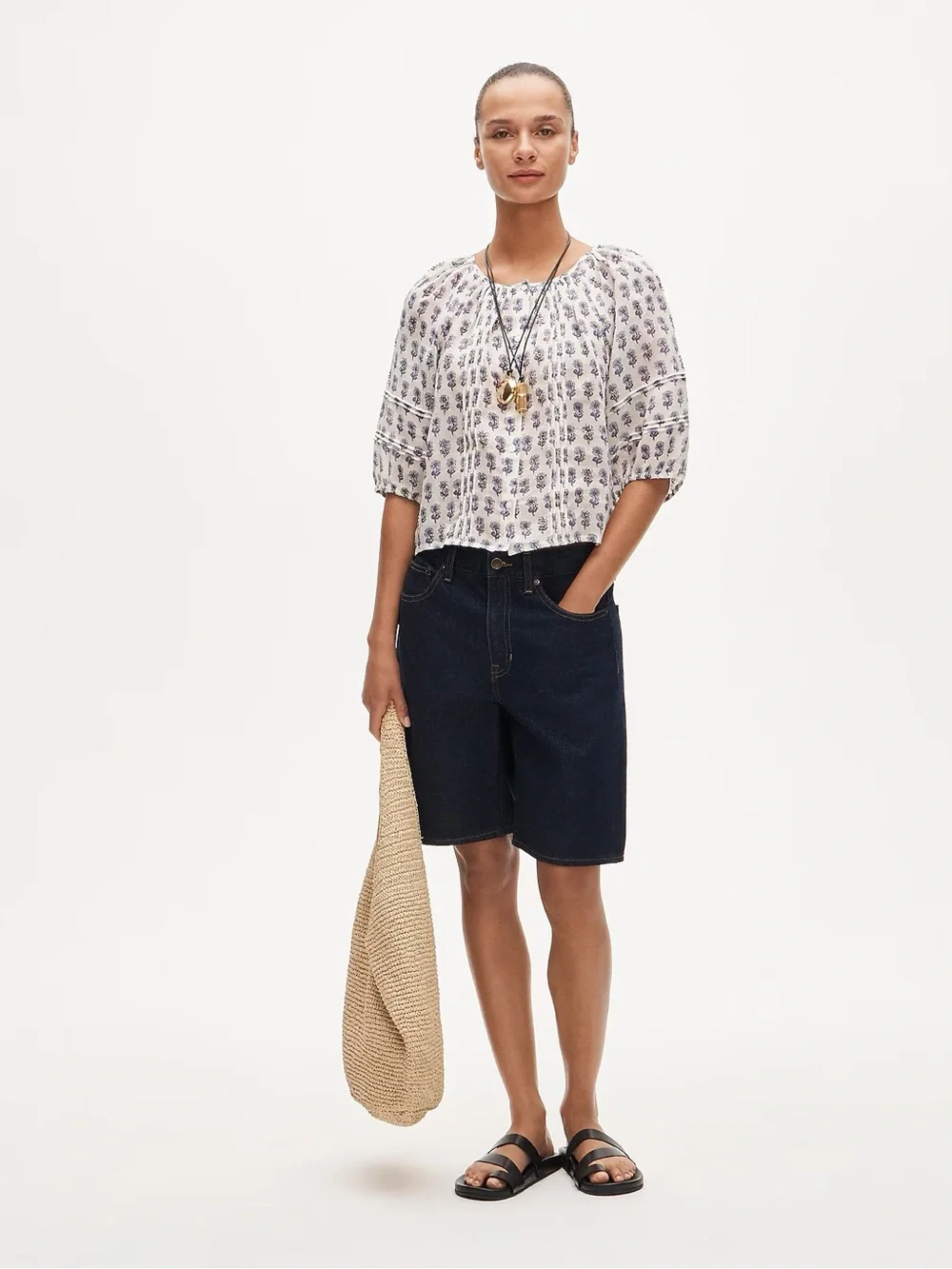 Puff-sleeve top in embellished lilac block-print ramie J Crew XS 2026