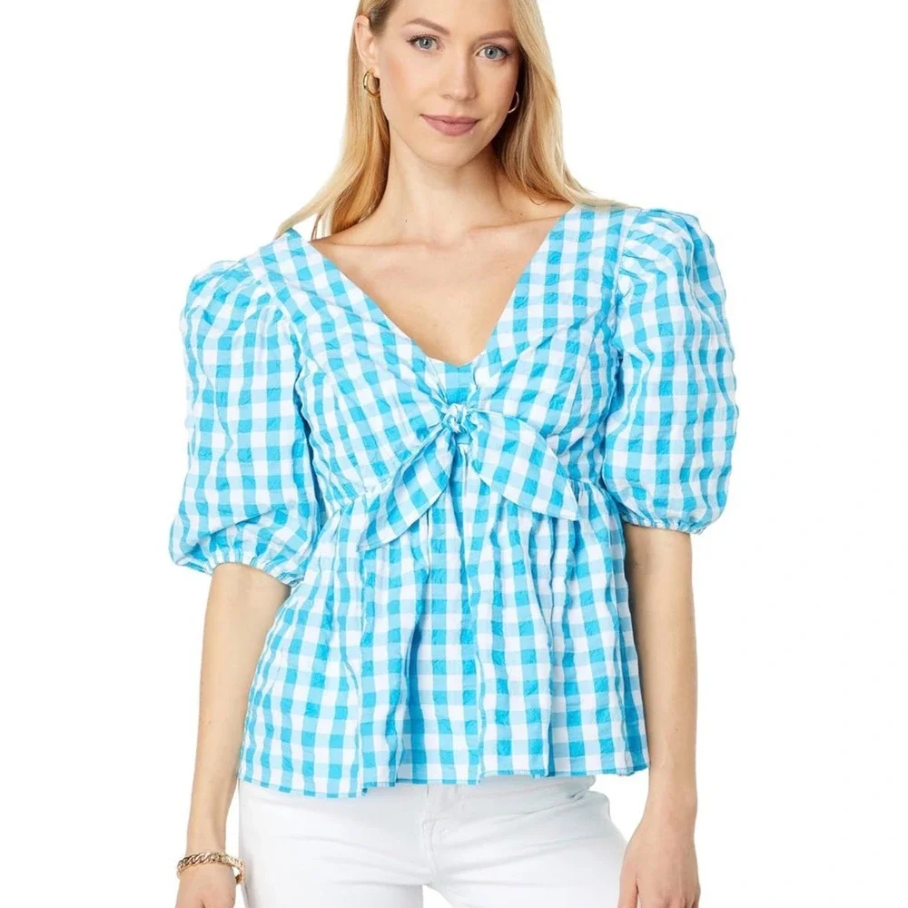Lilly Pulitzer Sarafina Top Womens 2 Turquoise Gingham‎ Puff Sleeve Smocked NWT