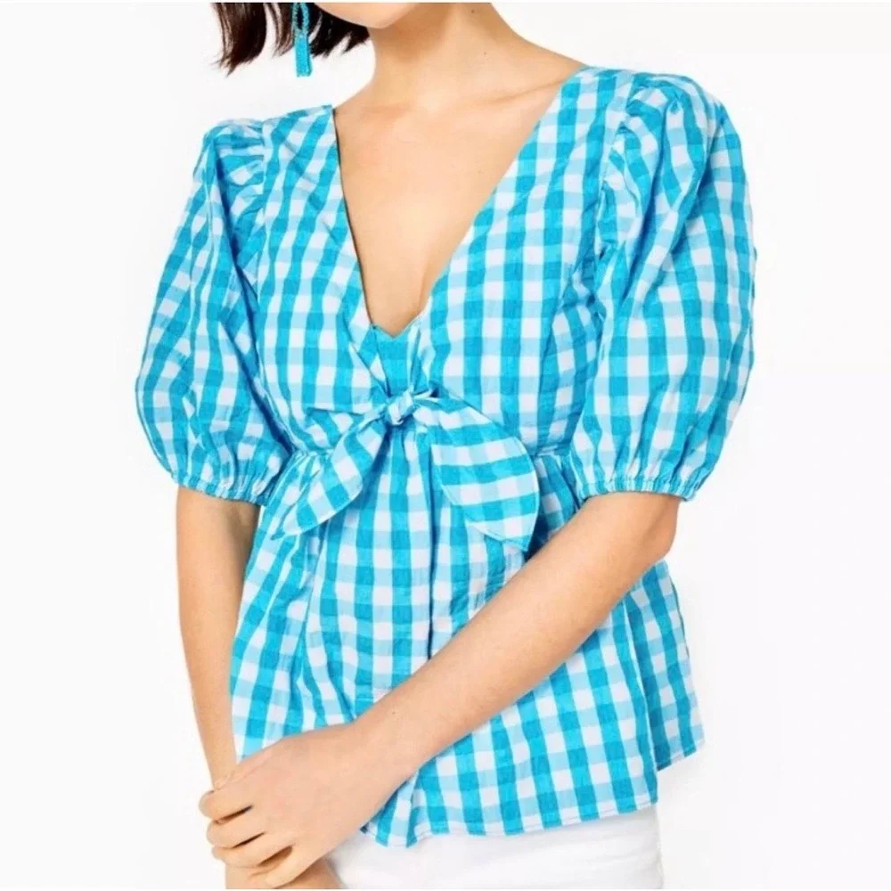 Lilly Pulitzer Sarafina Top Womens 2 Turquoise Gingham‎ Puff Sleeve Smocked NWT