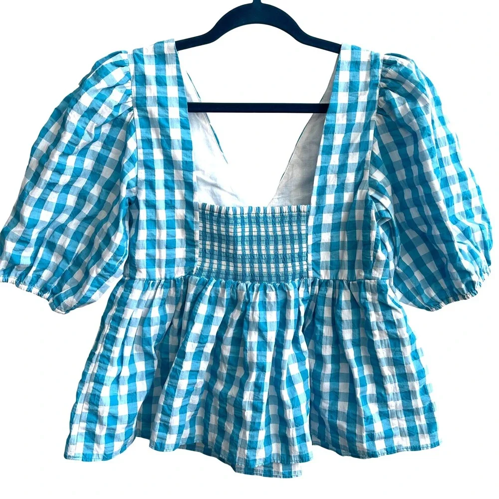 Lilly Pulitzer Sarafina Top Womens 2 Turquoise Gingham‎ Puff Sleeve Smocked NWT