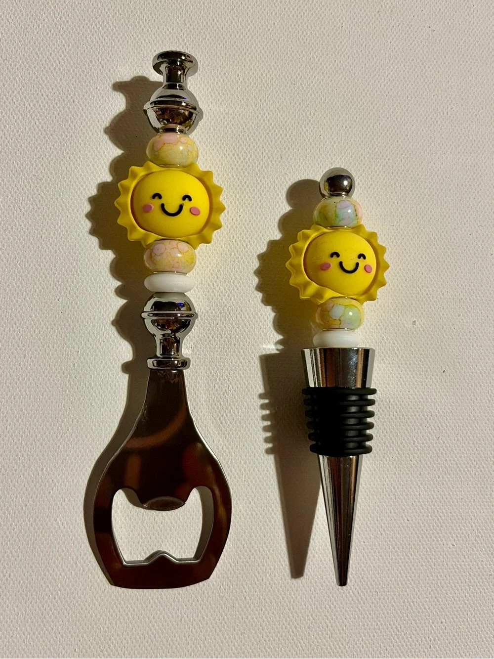 Sunny Yellow Smiling Sun Bottle Opener & Wine Stopper Set