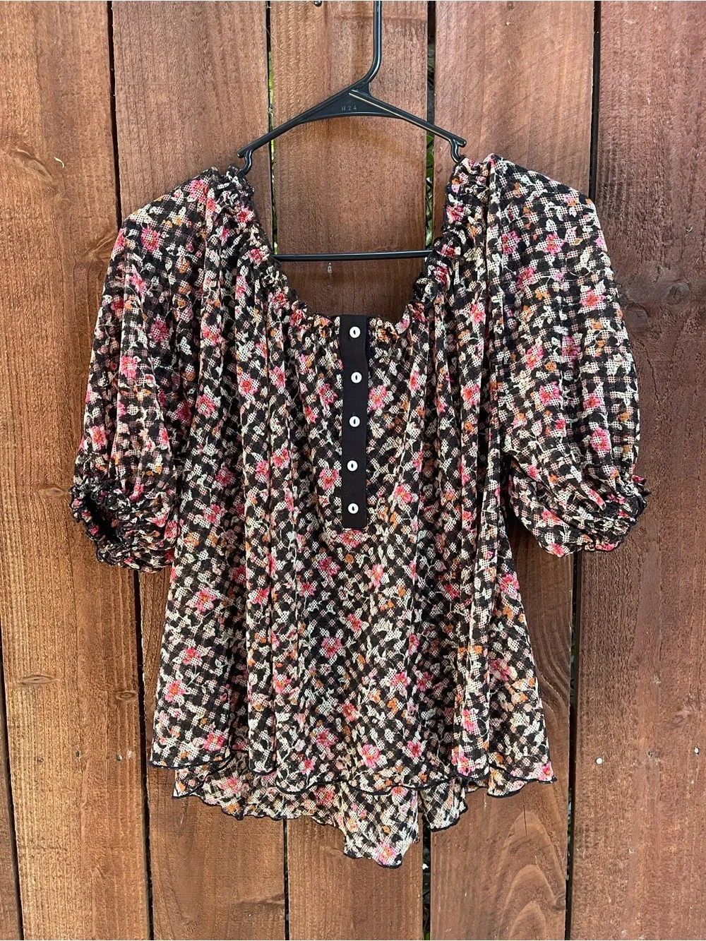 Free People Black Floral Lightweight Puff Sleeve Flowy Boho Top Sz S