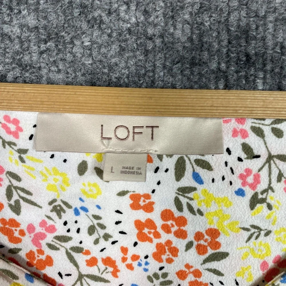 LOFT Womens Floral V-Neck Puff Sleeve Blouse White Multi Color Rayon Top Large
