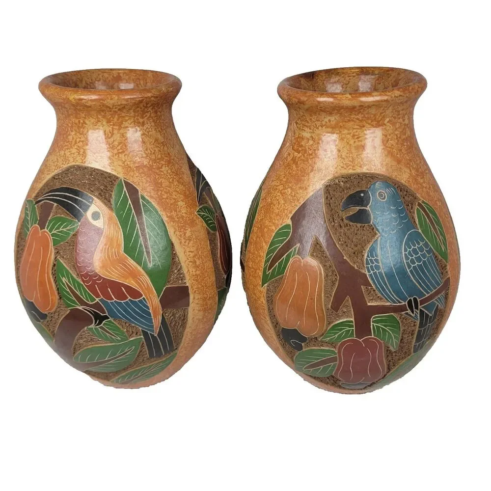 Costa Rica Folk Art Pottery Vase Hand Painted Carved Toucans & Parrots Pair 7