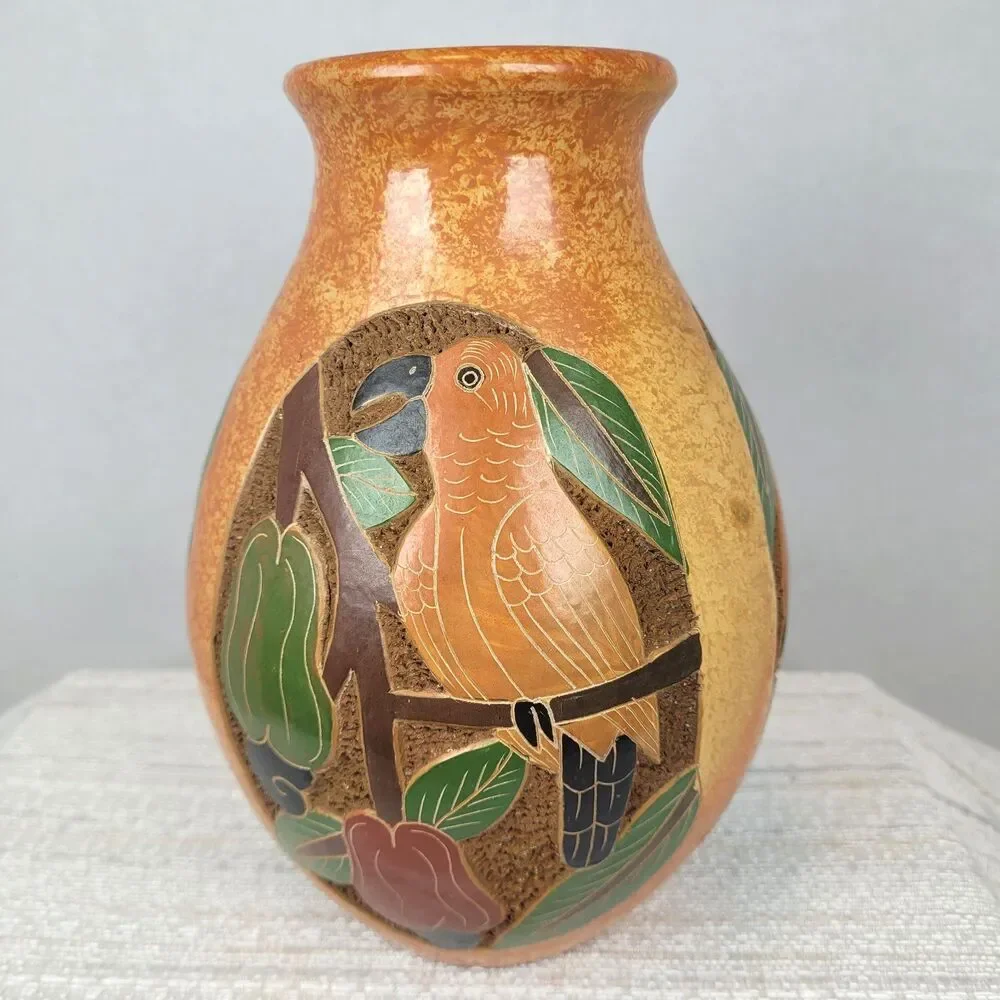 Costa Rica Folk Art Pottery Vase Hand Painted Carved Toucans & Parrots Pair 7
