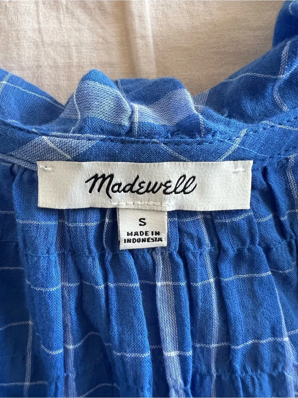 Madewell Blue Plaid Ruffle V-Neck Blouse