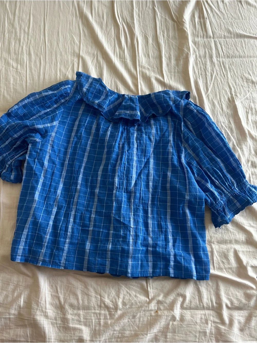 Madewell Blue Plaid Ruffle V-Neck Blouse