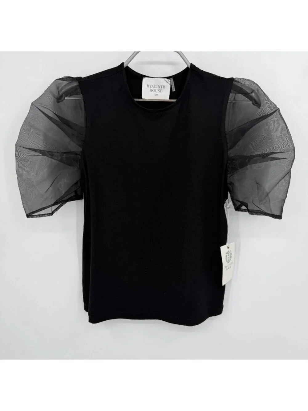 Hyacinth House by Tuckernuck Black Darby Organza Puff Sleeve Top size XXS 2XS