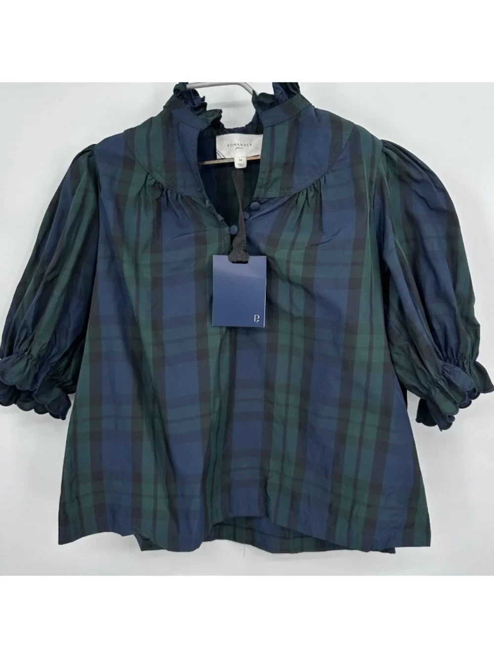 Pomander Place by Tuckernuck Blackwatch Plaid Selena Blouse sz M Puff Sleeve
