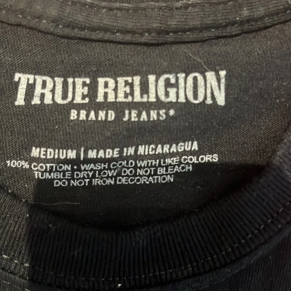 True Religion Black Metallic Foil Column Graphic Tee.  Size Medium