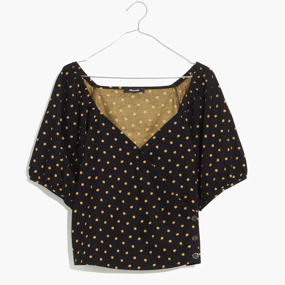 Madewell Black Corduroy Velvet Puff Sleeve Wrap Top with Orange Polka Dots XS