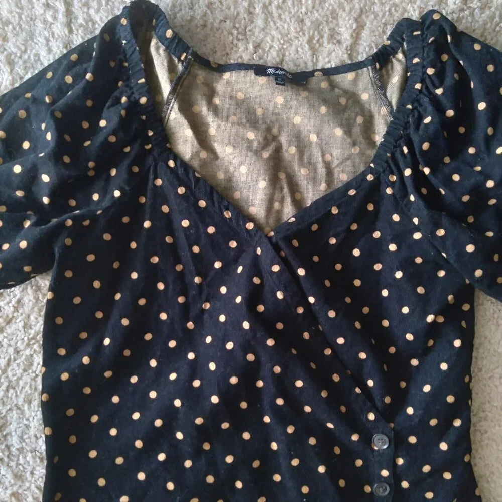 Madewell Black Corduroy Velvet Puff Sleeve Wrap Top with Orange Polka Dots XS