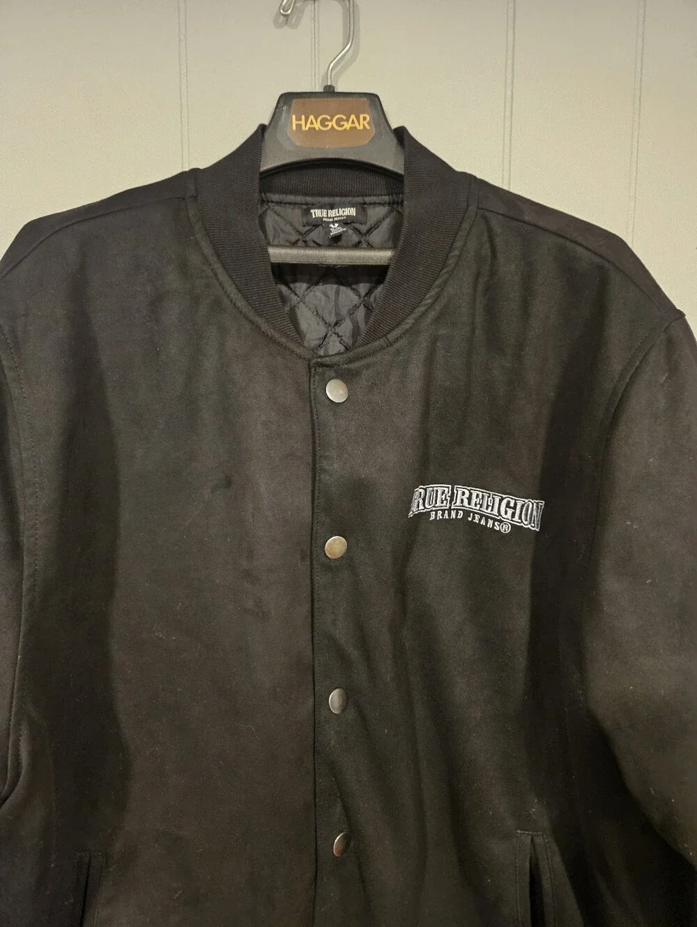 True Religion Bomber Varsity Jacket Mens XL Black Streetwear Faux Suede Snaps