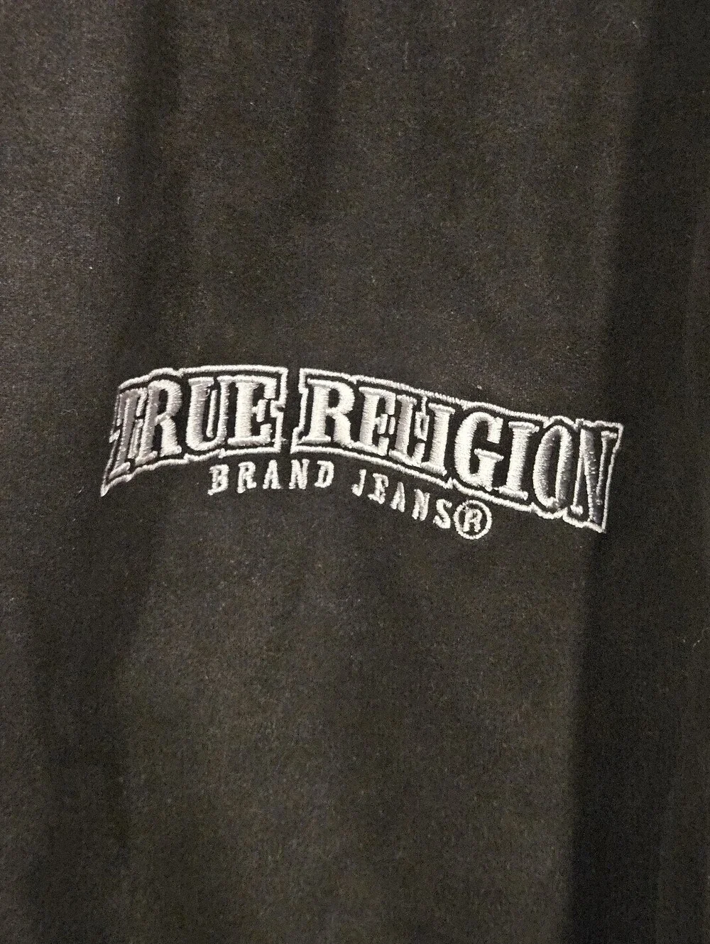 True Religion Bomber Varsity Jacket Mens XL Black Streetwear Faux Suede Snaps