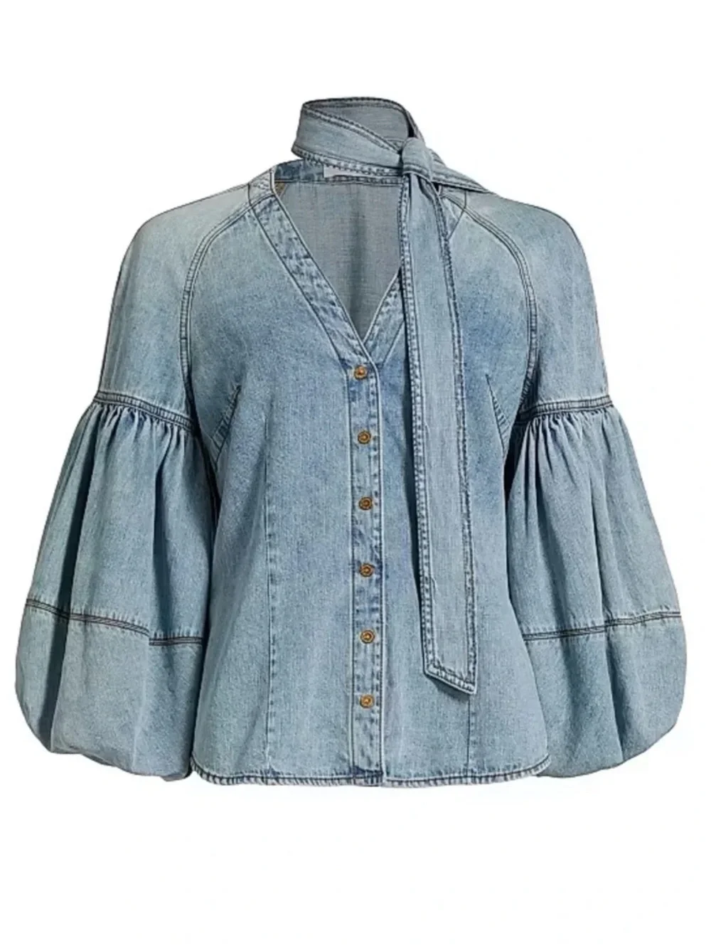 Zimmermann Light Blue Denim Puff-Sleeve Button Blouse
