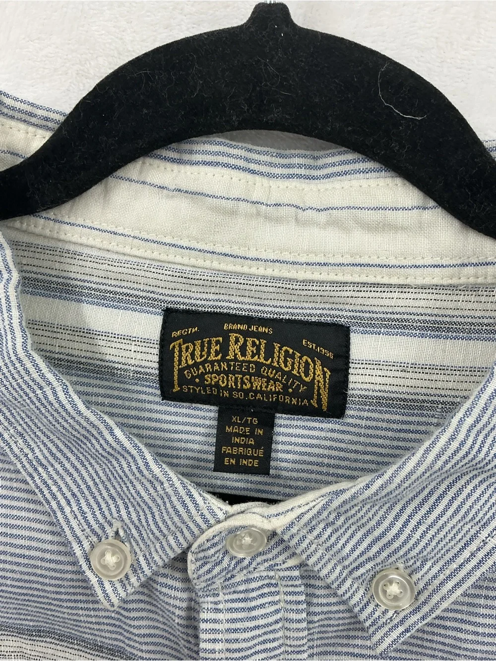 True Religion Blue and White Striped Button-Down Shirt 1051
