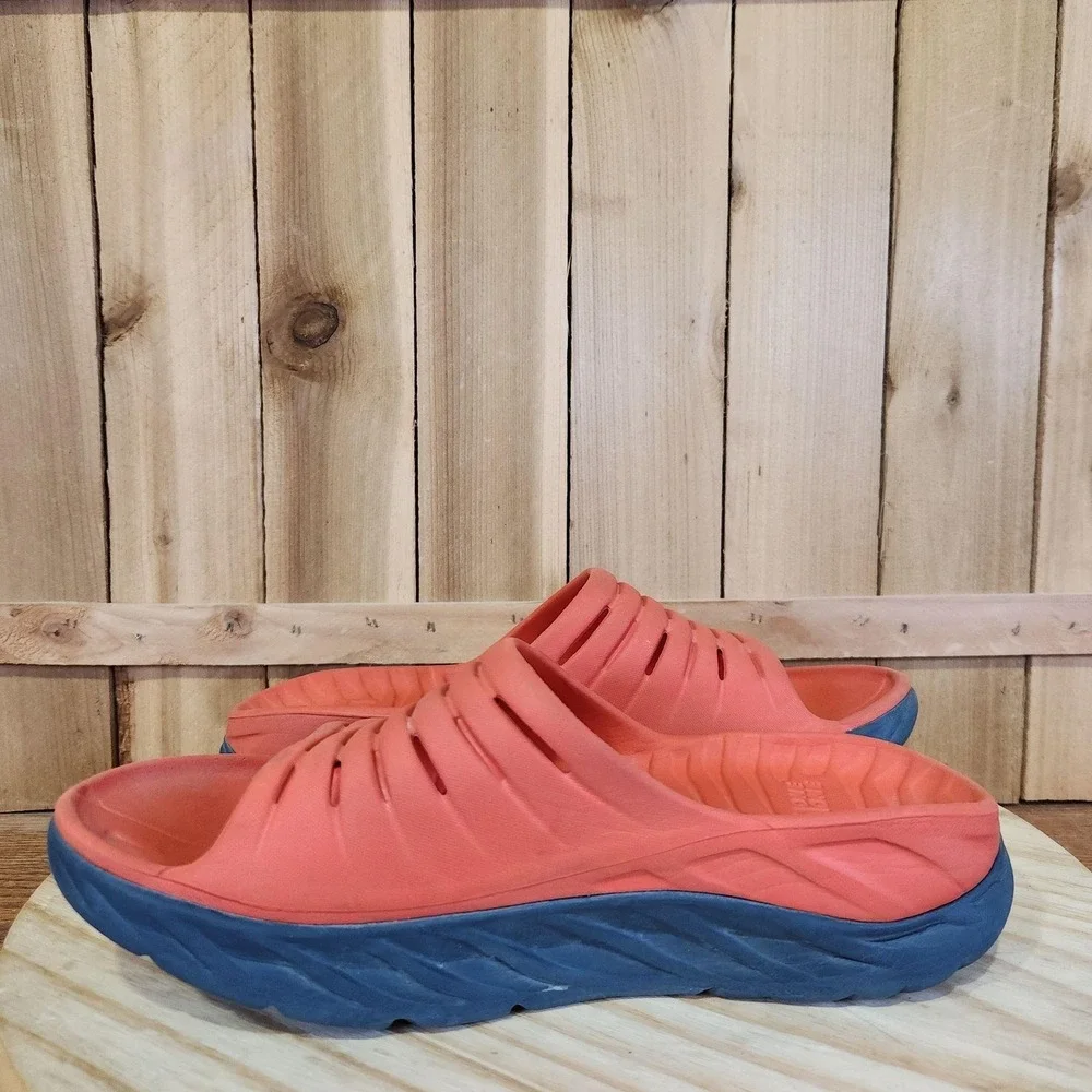 Hoka One One Ora Recovery Slide Sandals Mens 9 Orange Blue Comfort Slip On