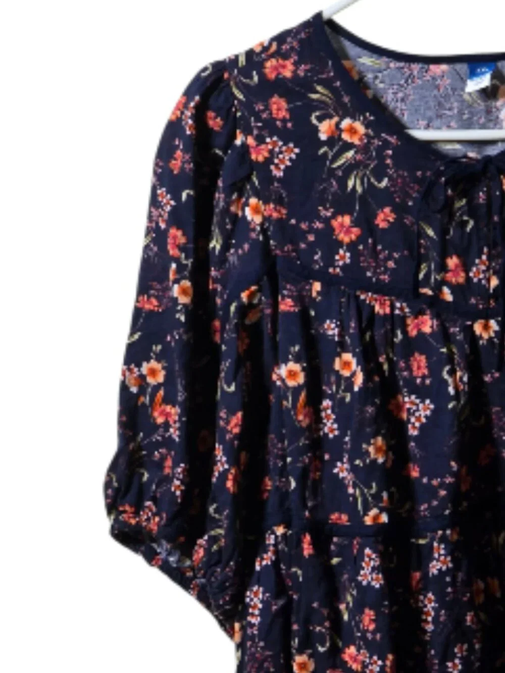 Old Navy XXL Navy Floral Boho Peasant Blouse Cotton Rayon Puff Sleeve Top