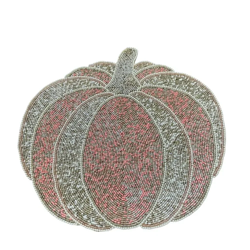 Tahari PINK PUMPKIN Beaded Placemat Charger 15in Gold Silver Holiday Glam NEW