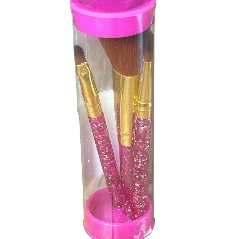 Pink Glitter Cosmetic Makeup‎ Brushes 3 Piece Set with Clear Tube