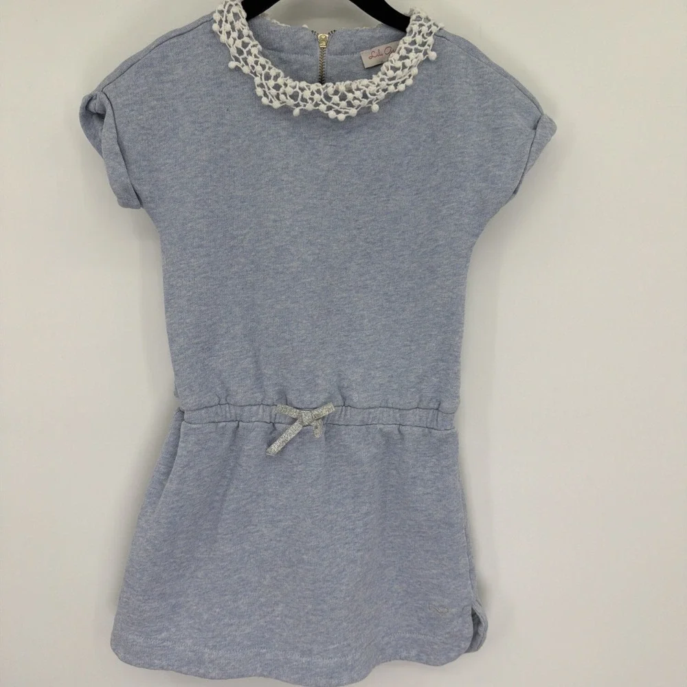 Lili Gaufrette Sz 6 Powder Blue Heather Jersey Dress Lace Collar‎ Bow France