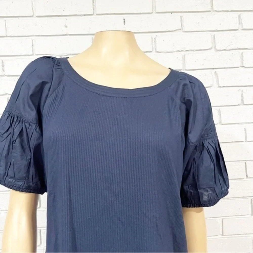 J.Crew Navy Blue Ribbed Mixed Media Puff Sleeve Scoop Neck Top |‎ Size XL