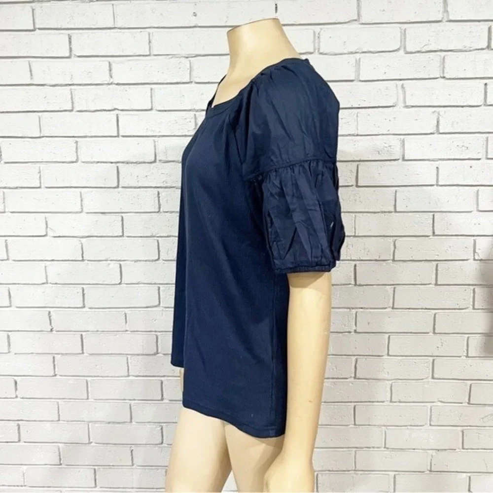 J.Crew Navy Blue Ribbed Mixed Media Puff Sleeve Scoop Neck Top |‎ Size XL