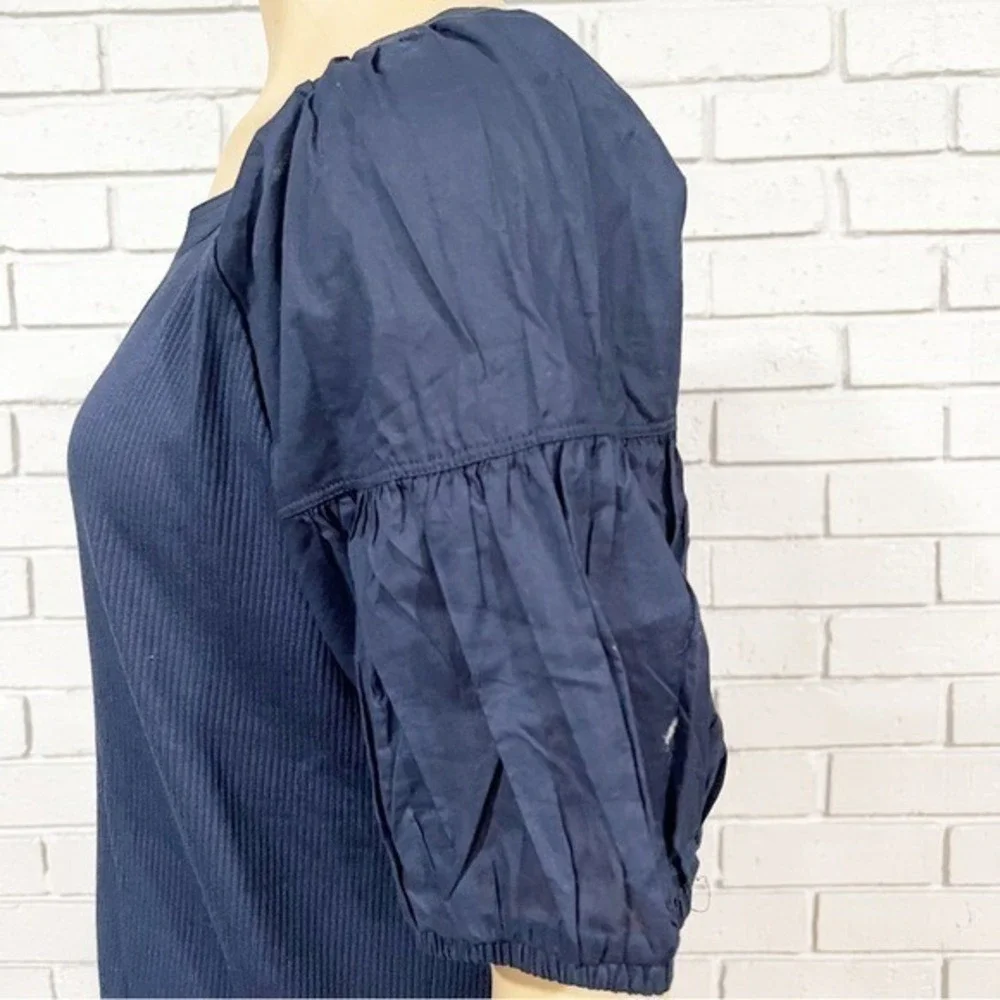 J.Crew Navy Blue Ribbed Mixed Media Puff Sleeve Scoop Neck Top |‎ Size XL