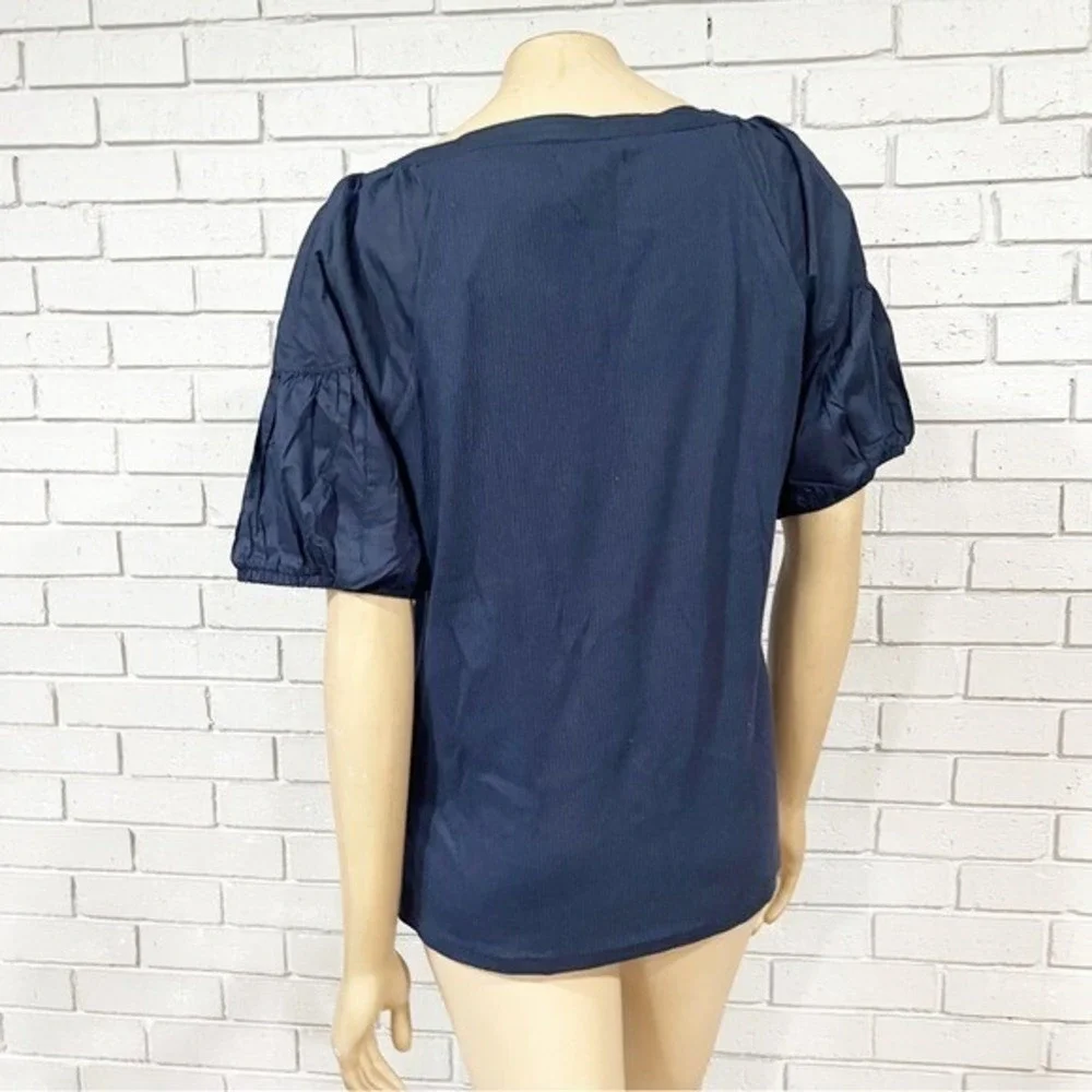 J.Crew Navy Blue Ribbed Mixed Media Puff Sleeve Scoop Neck Top |‎ Size XL